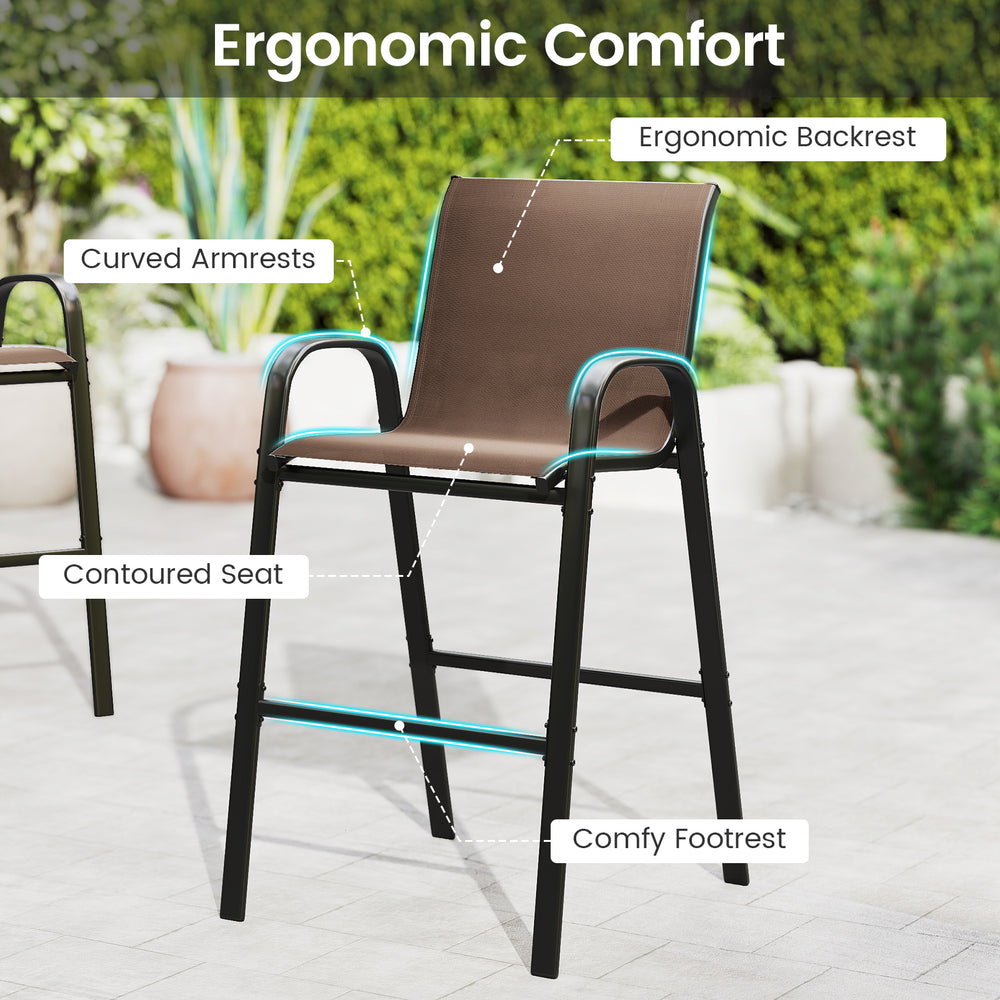 Ergonomic barstool with curved armrests, comfy footrest, and anti-fading fabric for outdoor relaxation.
