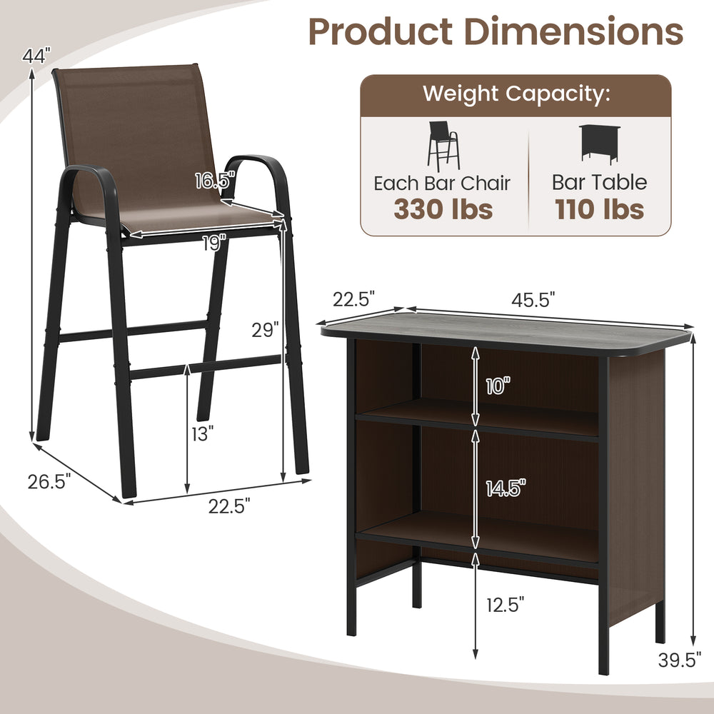3-piece outdoor bar set featuring a wood-like PVC tabletop, ergonomic chairs with footrest, ideal for backyard use.