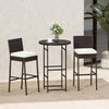 3-piece outdoor bar set featuring heavy-duty metal barstools with white cushions and a round tempered glass table for.