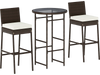 Three-piece outdoor bar set featuring heavy-duty metal barstools with white cushions and a tempered glass tabletop for.