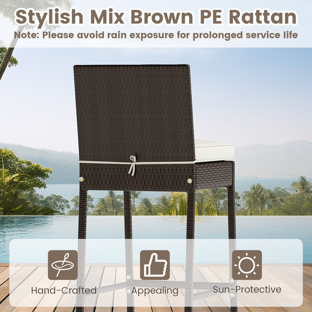 Stylish brown PE rattan barstool with white cushion, ideal for outdoor patio and poolside relaxation.