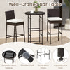 Outdoor bar table with tempered glass top and rattan edge, paired with two barstools featuring soft cushions for.
