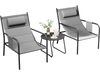 Two gray metal patio chairs with a coffee table, featuring elastic headrests and side storage pockets for outdoor.