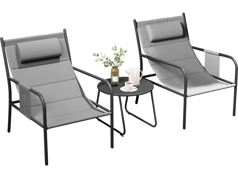 Two gray metal patio chairs with a coffee table, featuring elastic headrests and side storage pockets for outdoor.