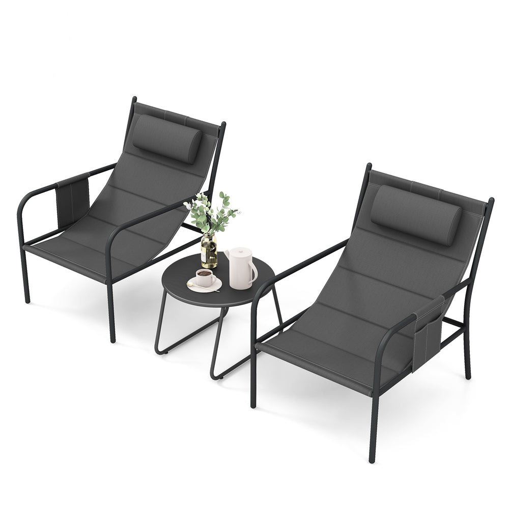 Gray 3-piece outdoor bistro set featuring two metal chairs with elastic headrests and a coffee table, perfect for patio.