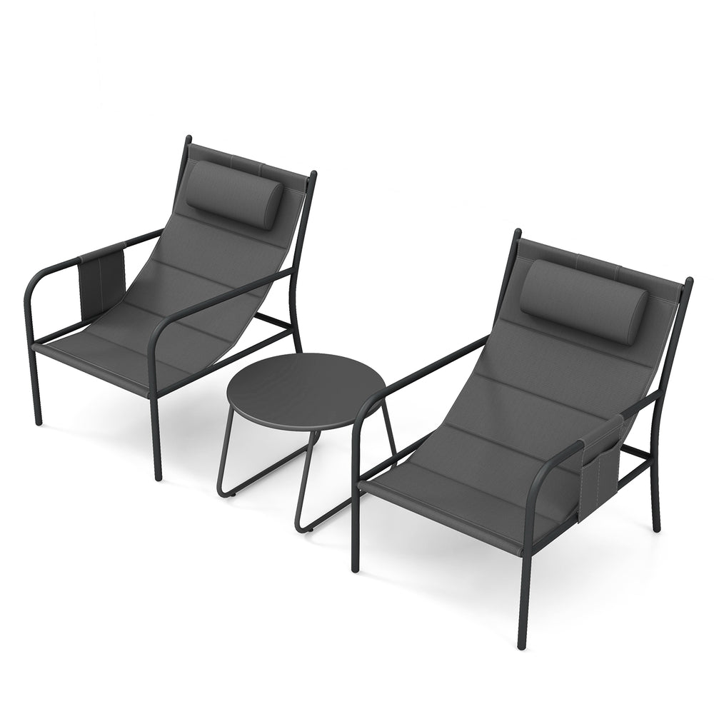 Gray 3-piece outdoor bistro set featuring two metal chairs with elastic headrests and a coffee table for patio.