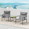 Two gray outdoor metal chairs with elastic headrests and a coffee table, perfect for backyard relaxation.