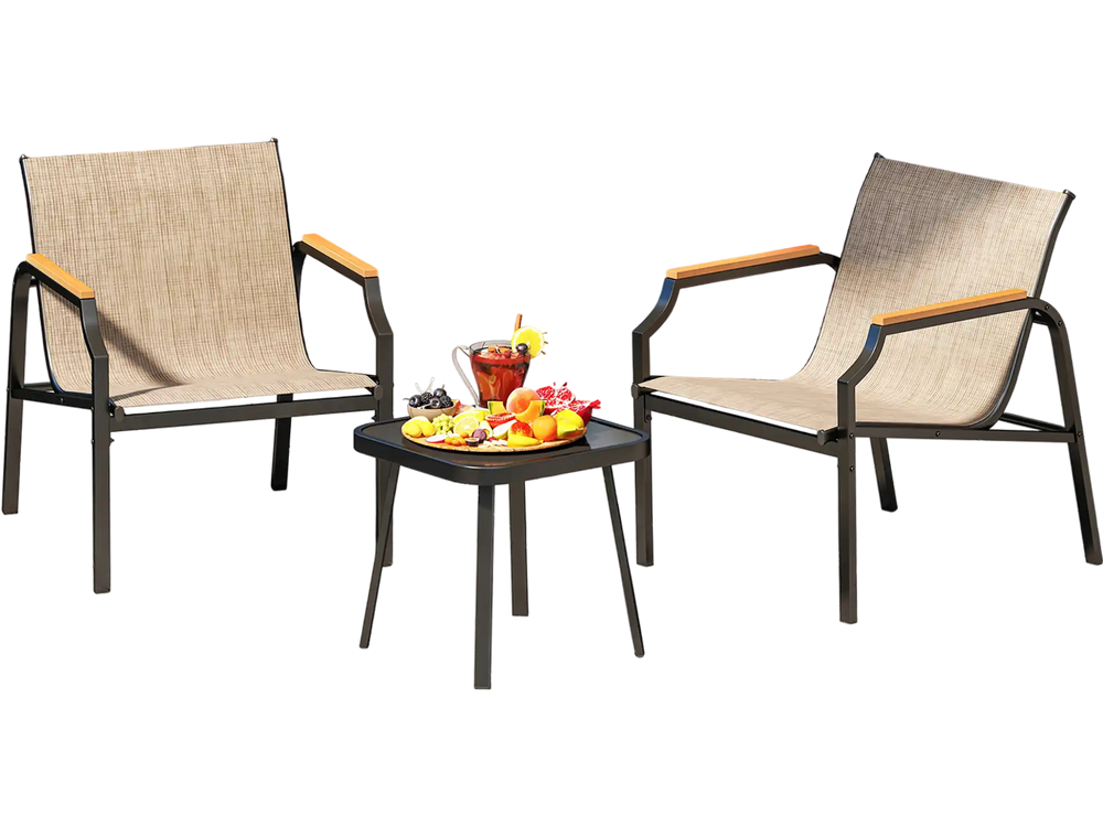 Close-up of the breathable fabric seat and armrest of a brown outdoor chair, designed for comfort and durability.