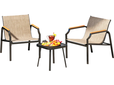 Costway 3-Piece Outdoor Chair & Table Set with Breathable Fabric Seat Armrests Brown 593782416 New