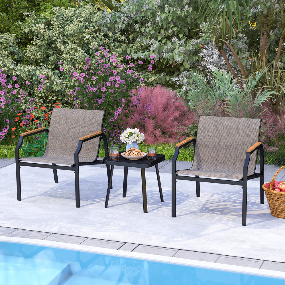 Two outdoor chairs with breathable fabric seats and armrests, paired with a stylish side table, perfect for poolside.