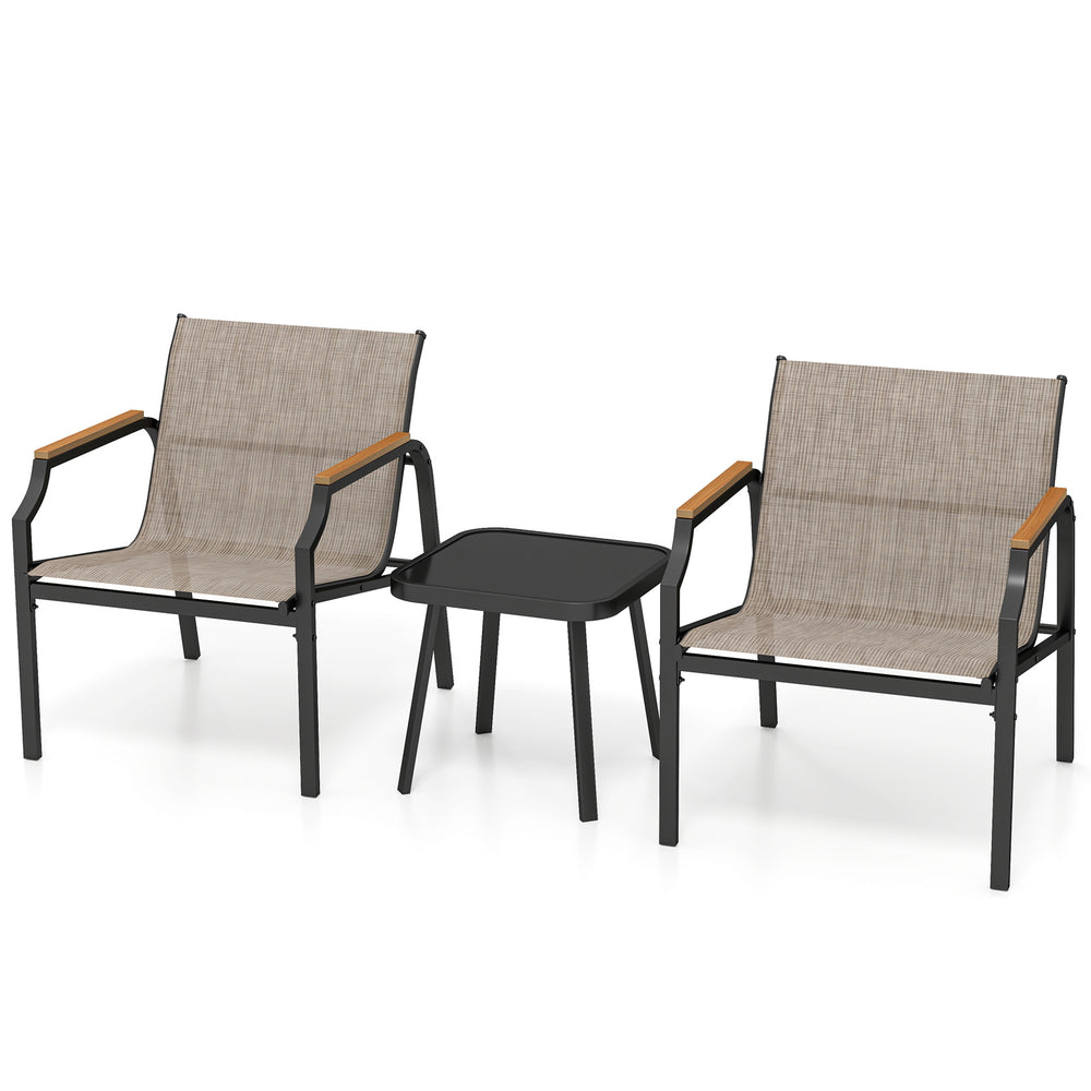 Two brown outdoor chairs with breathable fabric seats and a stylish side table, perfect for backyard relaxation.