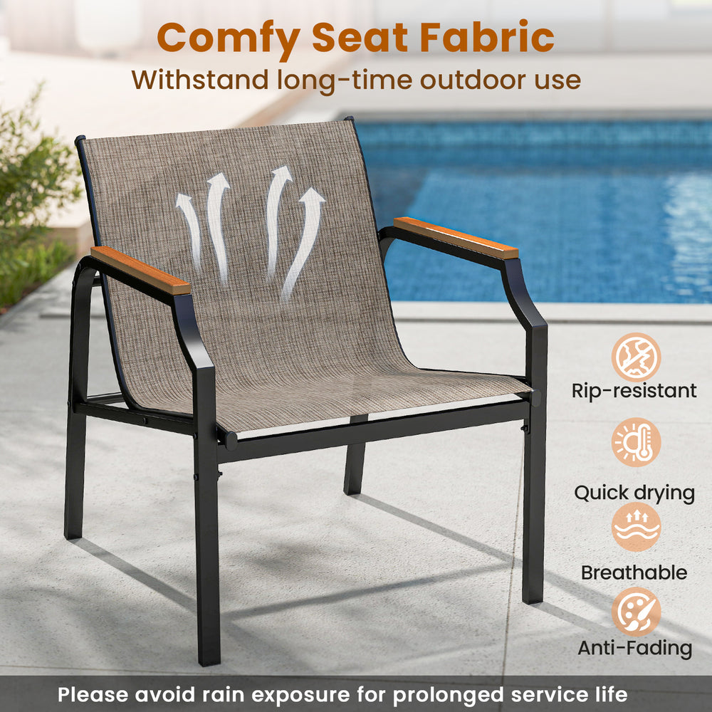 Brown outdoor chair with breathable fabric seat, ergonomic design, and sturdy metal frame, ideal for backyard.