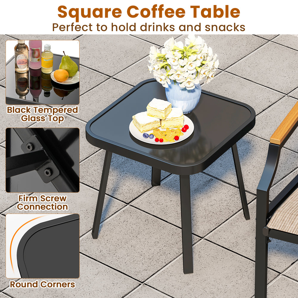 Square coffee table with black tempered glass top, perfect for drinks and snacks in outdoor settings like patios or.
