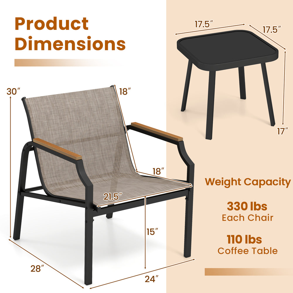 3-piece outdoor chair set featuring a breathable fabric seat and armrests, ideal for backyard or poolside relaxation.