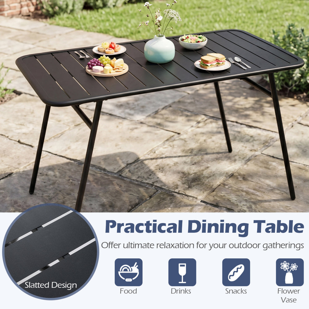 Black slatted dining table from a 3-piece outdoor set, ideal for food and drinks during backyard gatherings.