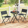 Outdoor folding patio bistro set featuring a tempered glass coffee table and two ergonomic chairs for space-saving.