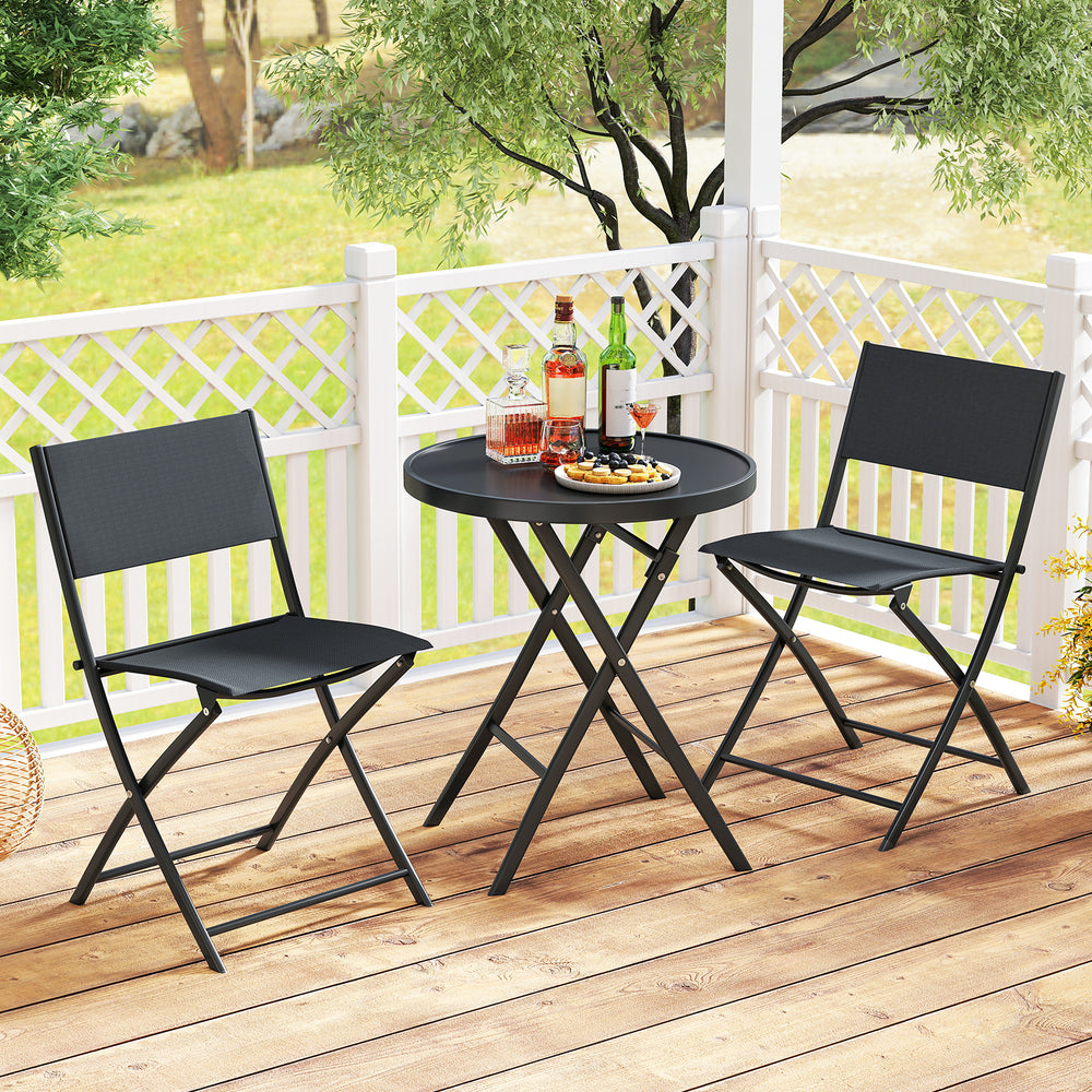 Outdoor folding patio bistro set featuring a tempered glass coffee table and two ergonomic chairs for space-saving.