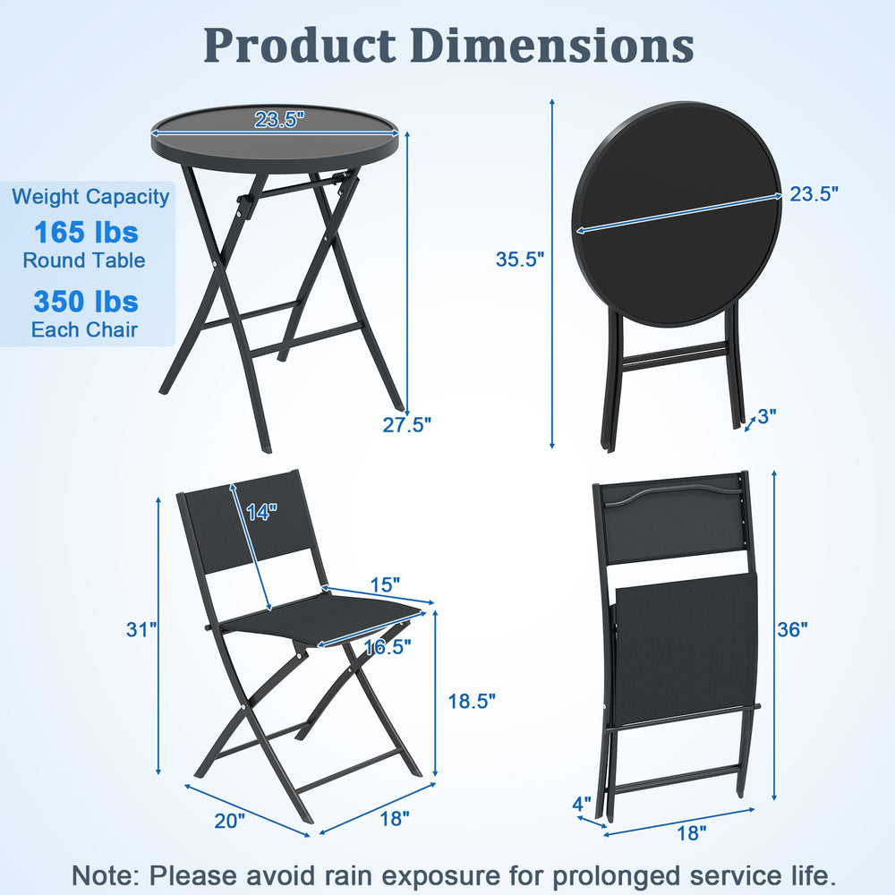 Dimensions of the 3 Piece Outdoor Folding Patio Bistro Set, featuring a tempered glass table and two ergonomic chairs.