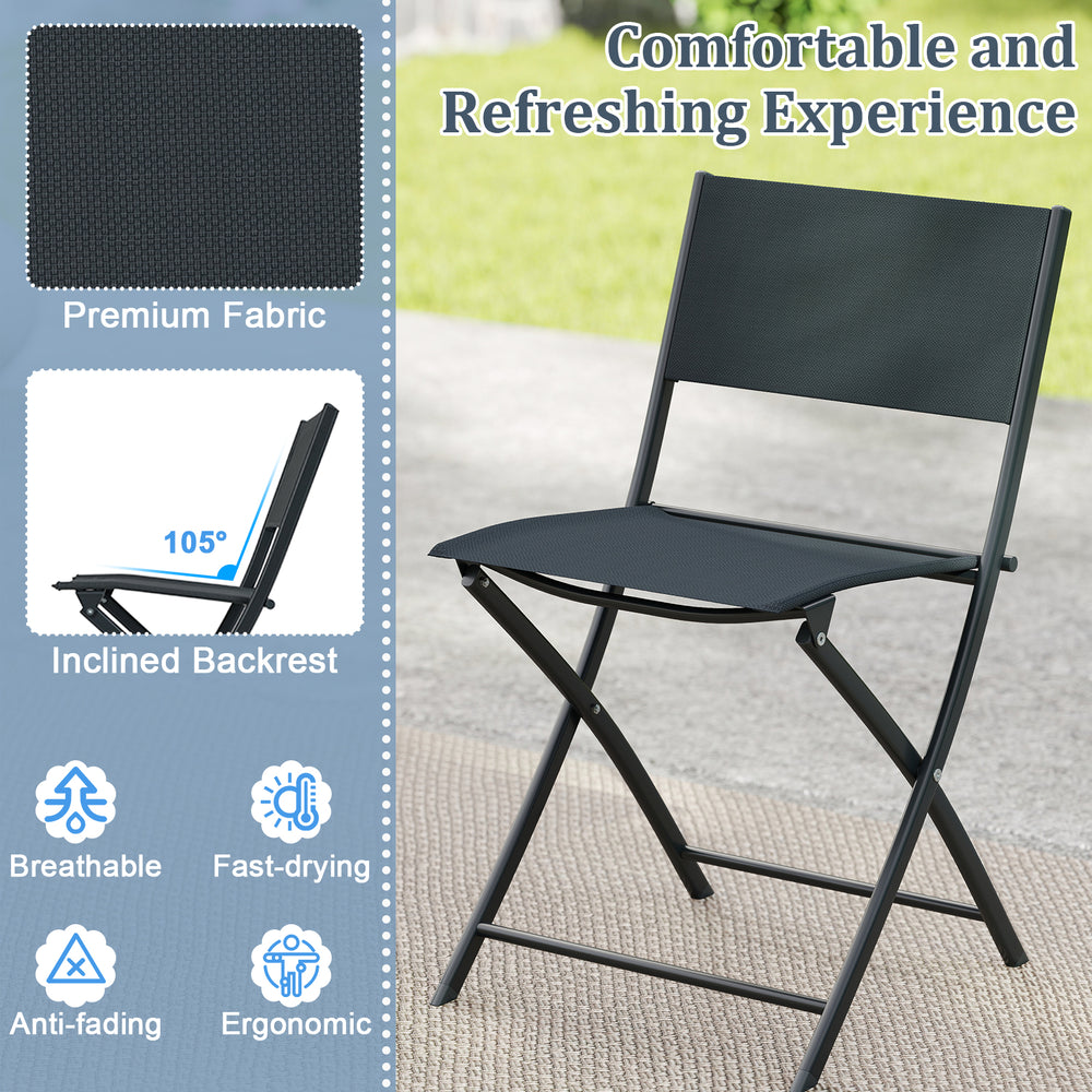 Black folding patio chair with ergonomic 105° backrest, made of breathable fabric, ideal for outdoor relaxation.