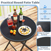 Round patio table with tempered glass top, featuring a low-maintenance design for outdoor bistro set enjoyment.
