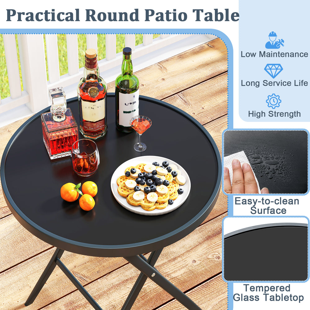Round patio table with tempered glass top, featuring a low-maintenance design for outdoor bistro set enjoyment.