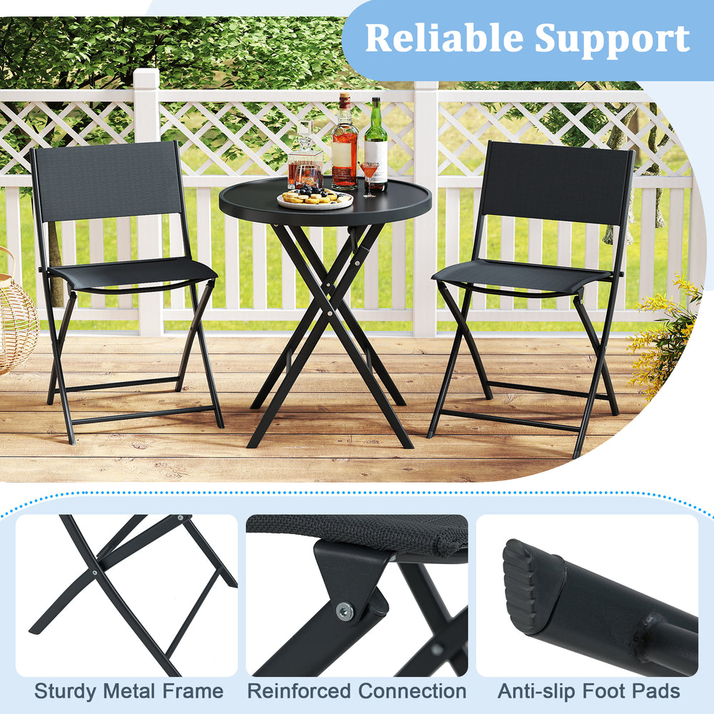 Three-piece outdoor folding patio bistro set featuring a tempered glass table and two ergonomic chairs for comfortable.