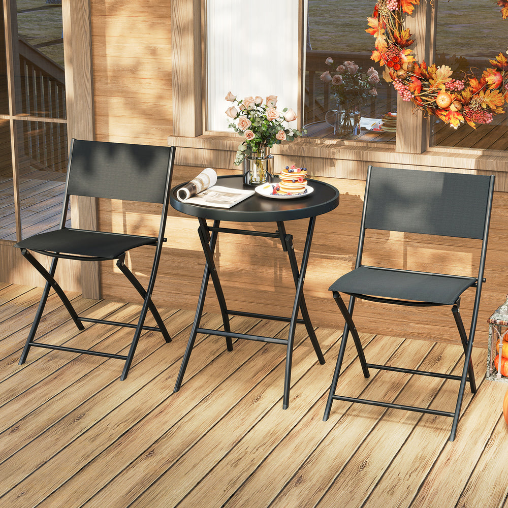 Three-piece outdoor folding patio bistro set featuring a tempered glass coffee table and two ergonomic chairs for easy.