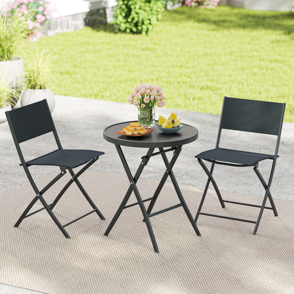 3-piece outdoor folding patio bistro set with tempered glass table and two ergonomic chairs for space-saving relaxation.