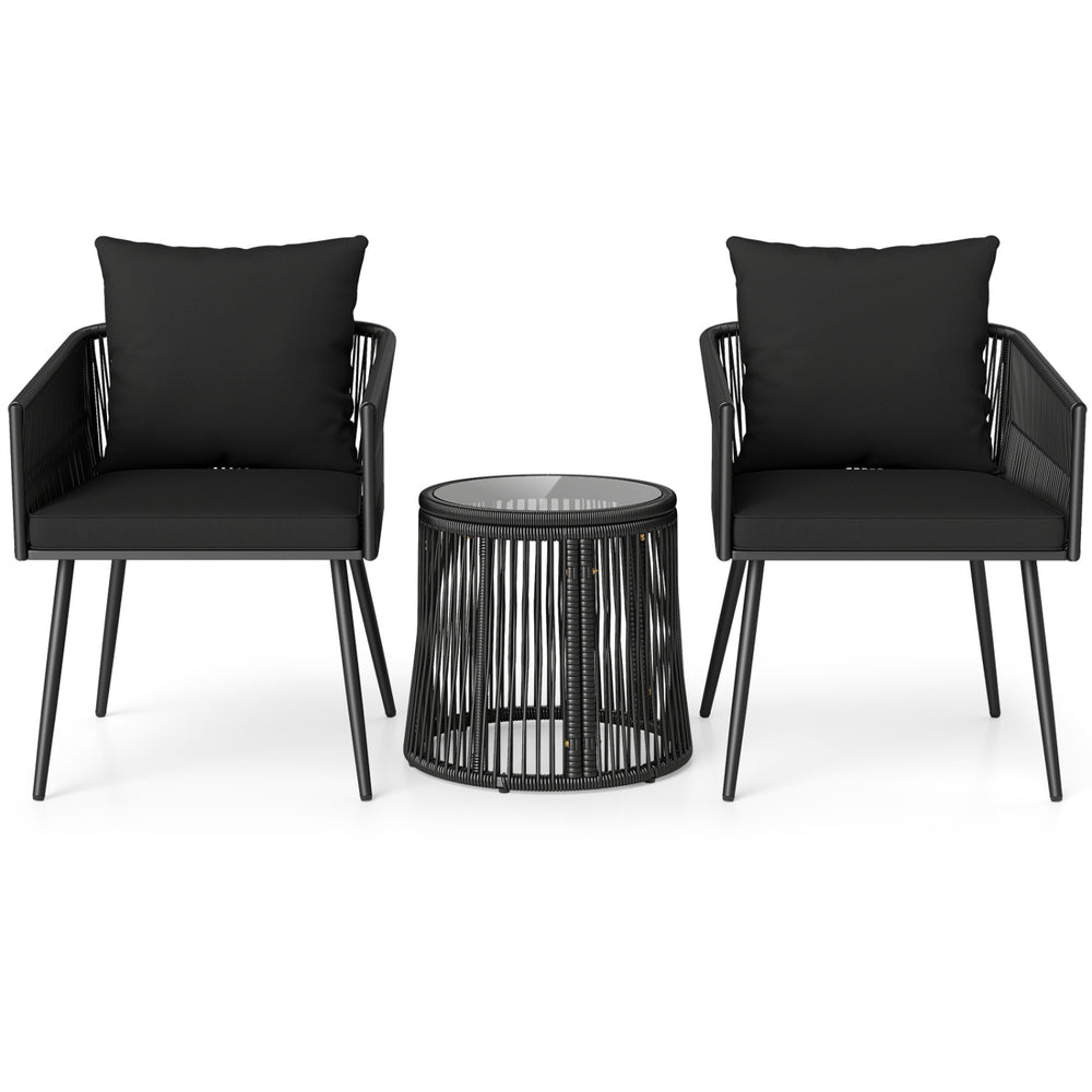 Black 3-piece outdoor furniture set with cushions, featuring hand-wrapped PE rattan and a tempered glass tabletop for.