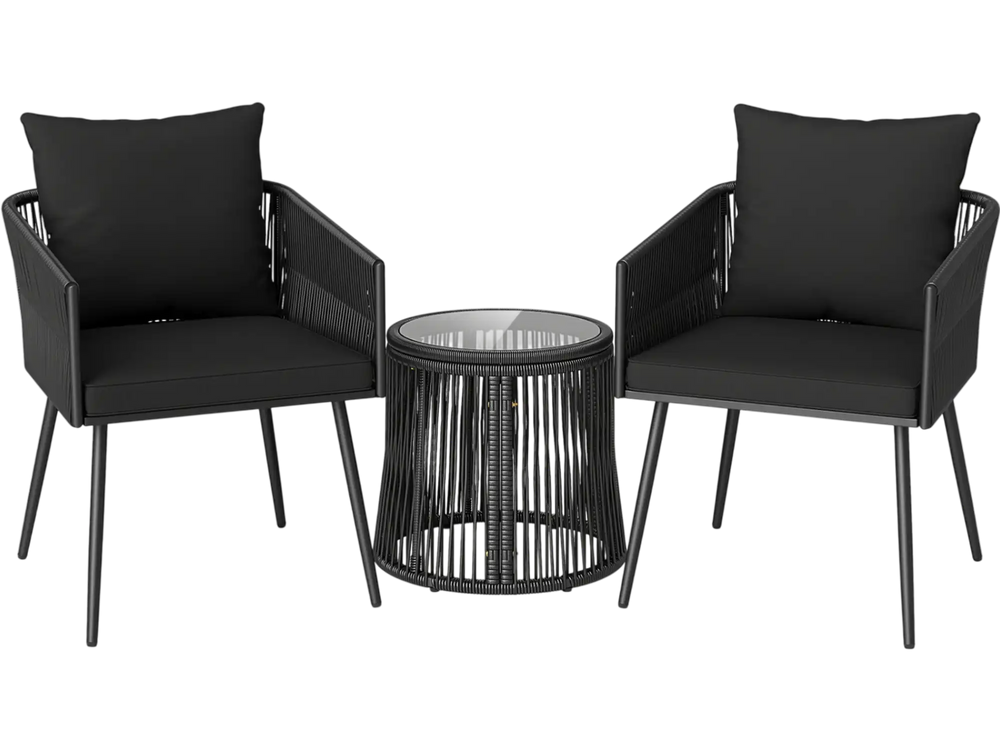Two black outdoor chairs with cushions and a glass-top table, perfect for patios and gardens.
