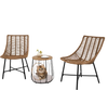 Two ergonomic brown rattan chairs with a side table featuring a pet house, perfect for outdoor patio relaxation.