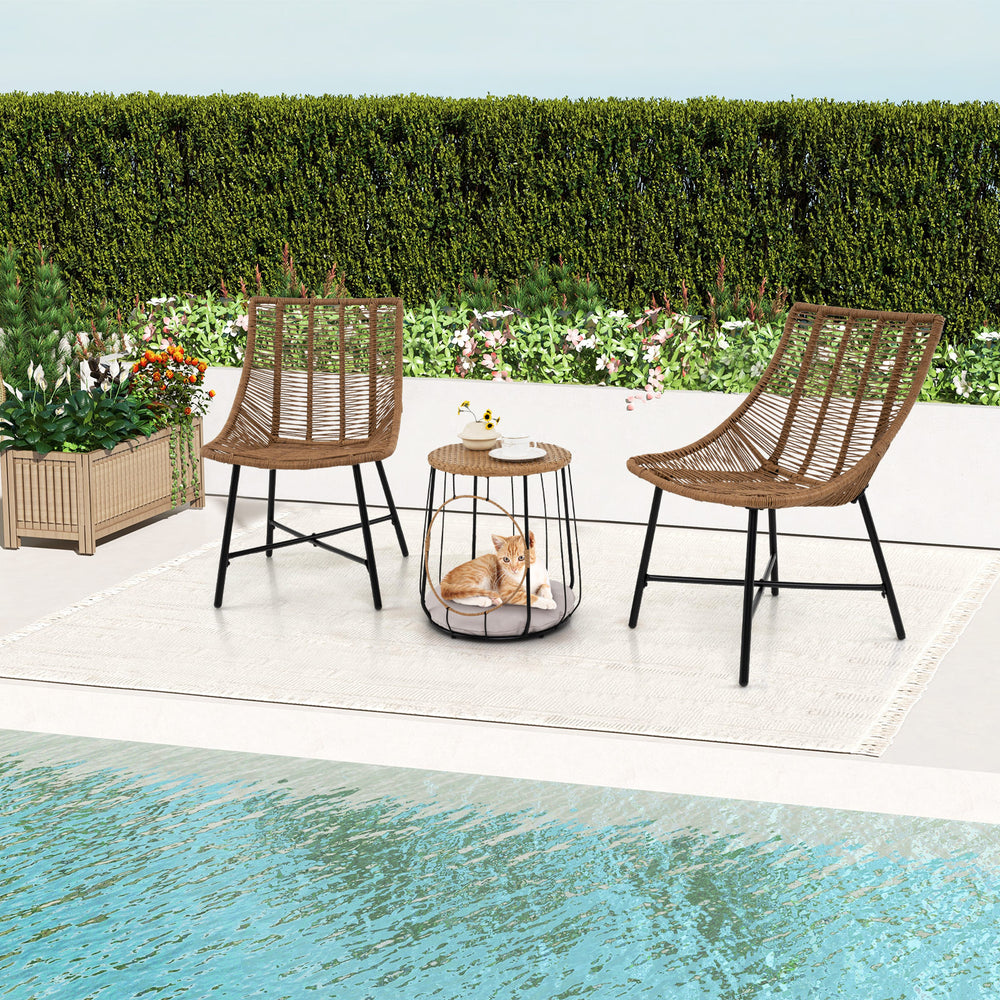 Two ergonomic brown rattan chairs and a pet house side table set up by the pool for outdoor relaxation.
