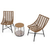 Light brown rattan side chair with ergonomic design and sturdy metal frame, ideal for backyard or poolside relaxation.