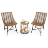 Two ergonomic brown rattan chairs and a side table with a pet house, ideal for outdoor patio relaxation.
