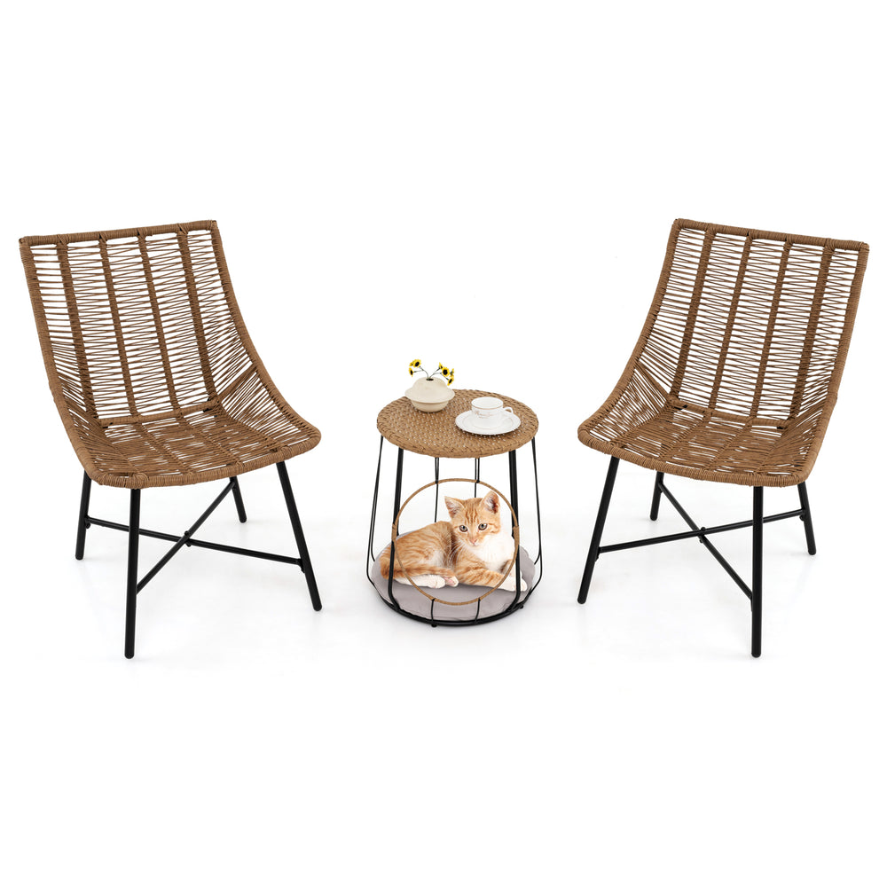 Two ergonomic brown rattan chairs and a side table with a pet house, ideal for outdoor patio relaxation.