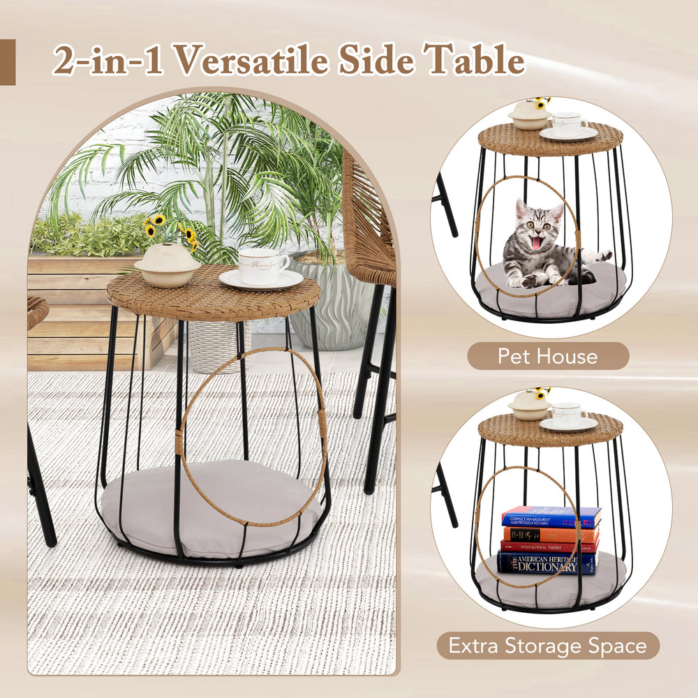 Versatile side table with rattan woven design, featuring a pet house and extra storage space for outdoor use.