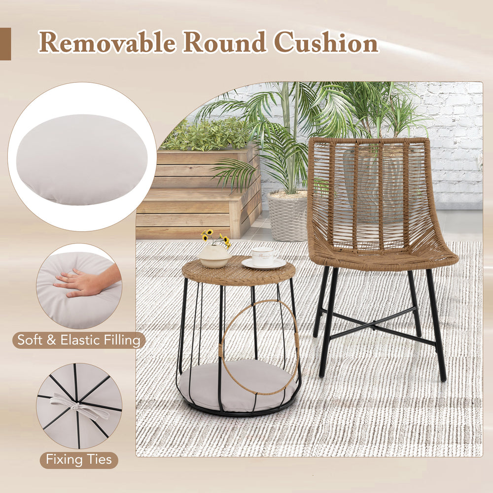 Removable round cushion on a rattan chair with a side table, perfect for outdoor patio relaxation and pet comfort.