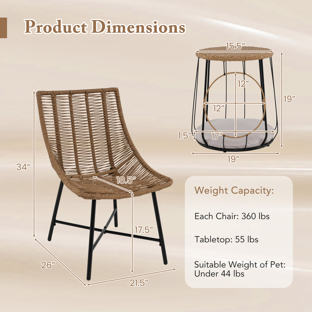 Brown rattan chair from a 3-piece outdoor furniture set, featuring an ergonomic design and sturdy metal frame for patio.