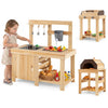 Kids' 3-piece outdoor kitchen set made of solid fir wood features a mud kitchen, BBQ grill, and pizza oven for imaginative play.