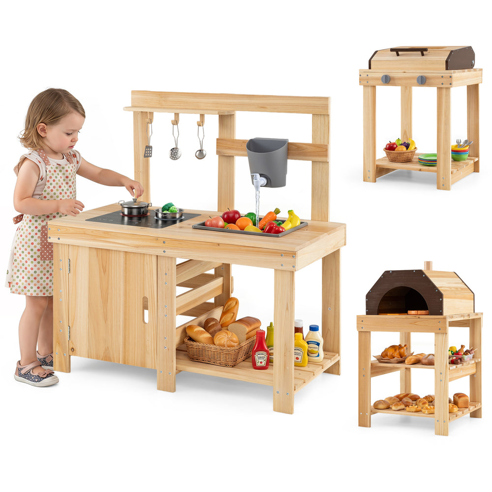 Kids' 3-piece outdoor kitchen set made of solid fir wood features a mud kitchen, BBQ grill, and pizza oven for imaginative play.