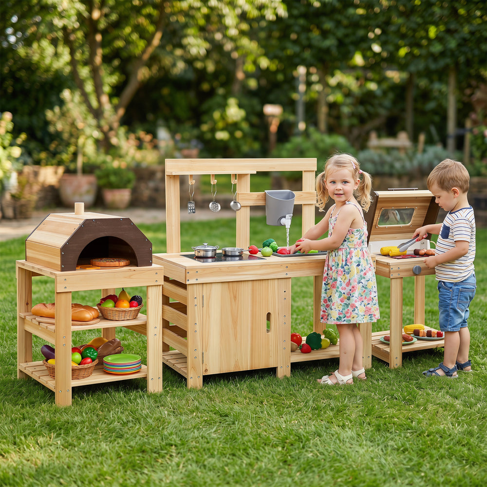 Kids play with a 3-piece outdoor kitchen set featuring a mud kitchen, BBQ grill, and pizza oven made of natural fir wood.