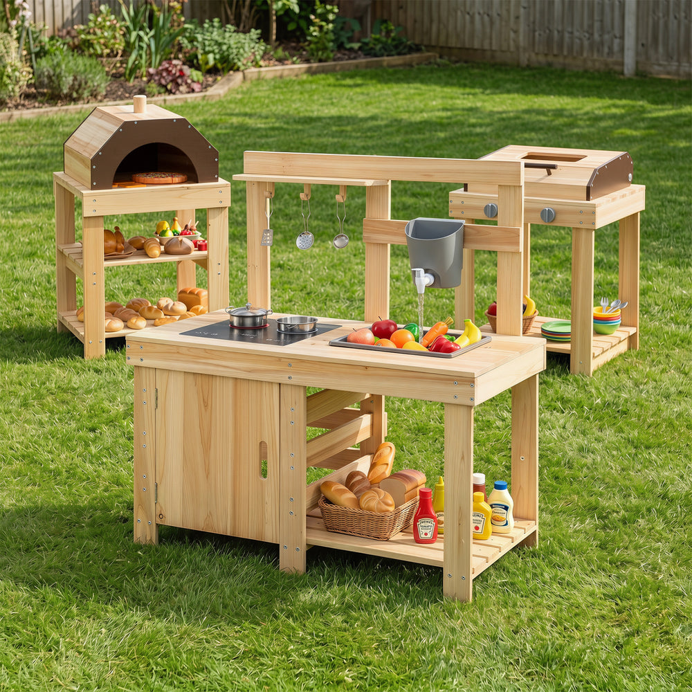 Natural wood BBQ grill from the 3-piece outdoor kitchen set featuring storage shelves for kids' imaginative cooking play.