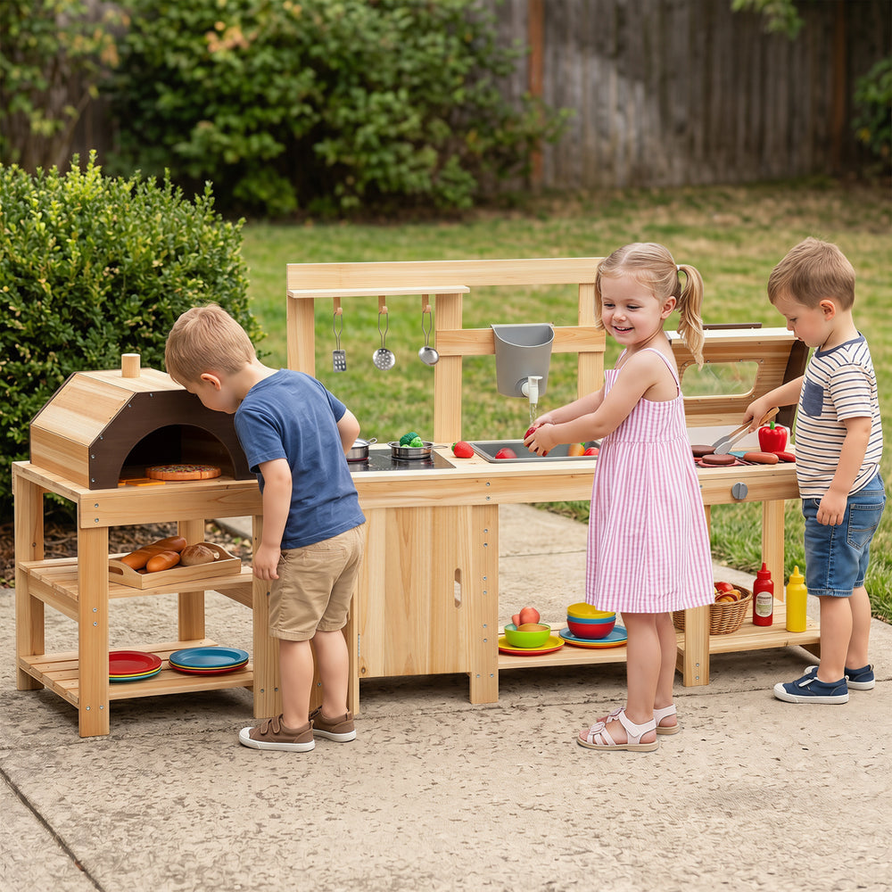 Kids play with the 3-piece outdoor kitchen set featuring a BBQ grill, pizza oven, and solid fir wood construction.