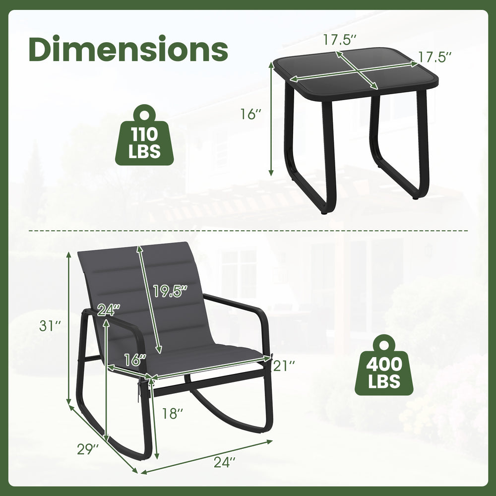 Dimensions of the 3 Piece Outdoor Rocking Bistro Set showing chair and table measurements for optimal placement and.