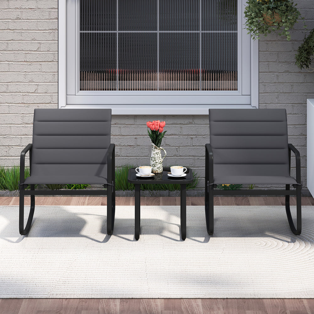 Gray rocking chair from the 3 Piece Outdoor Bistro Set featuring breathable fabric and stable metal frame for outdoor.