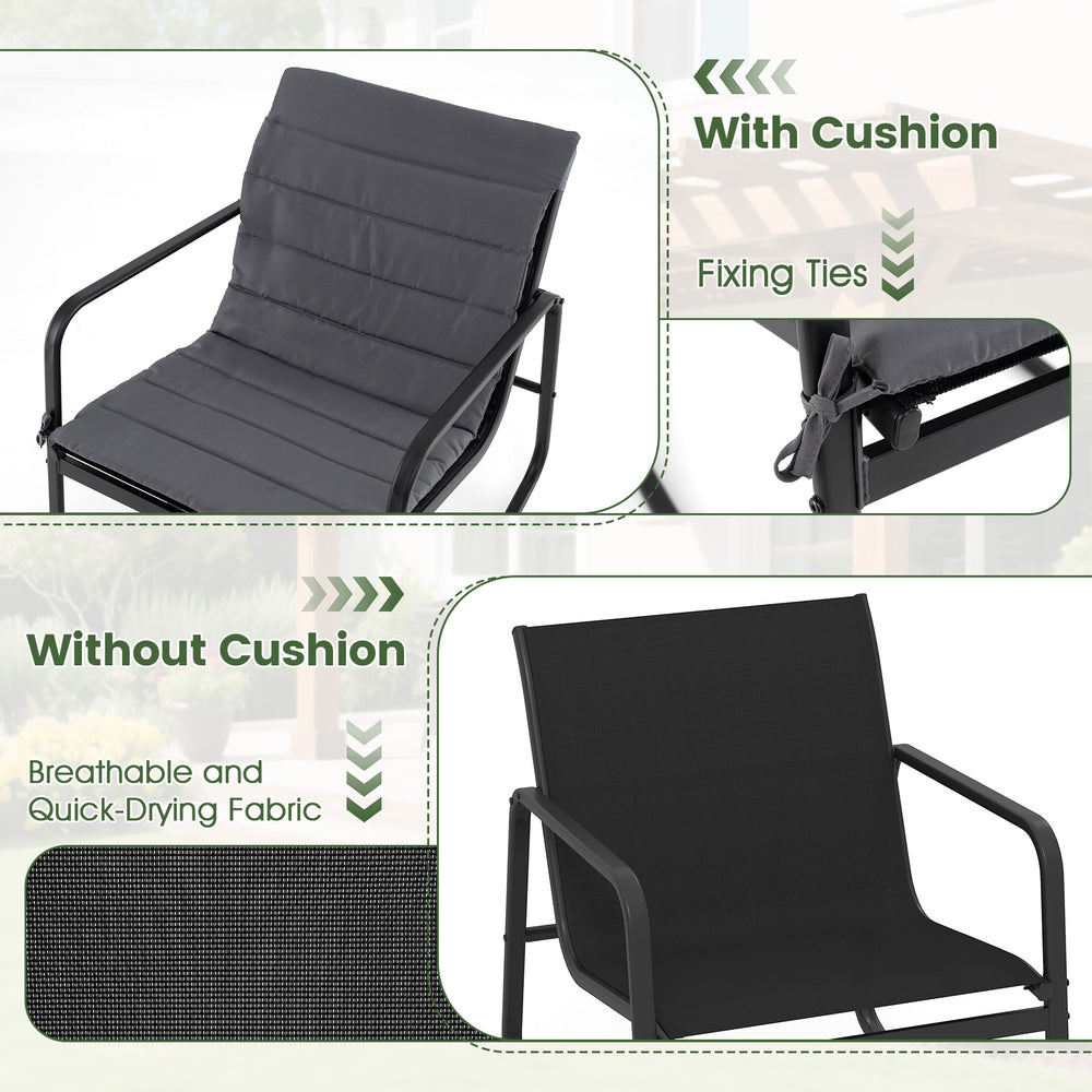 Gray outdoor rocking chair with cushion and fixing ties, featuring breathable fabric and a robust metal frame for.