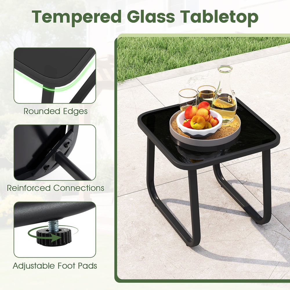 Tempered glass tabletop with rounded edges and adjustable foot pads for the 3-piece outdoor rocking bistro set.