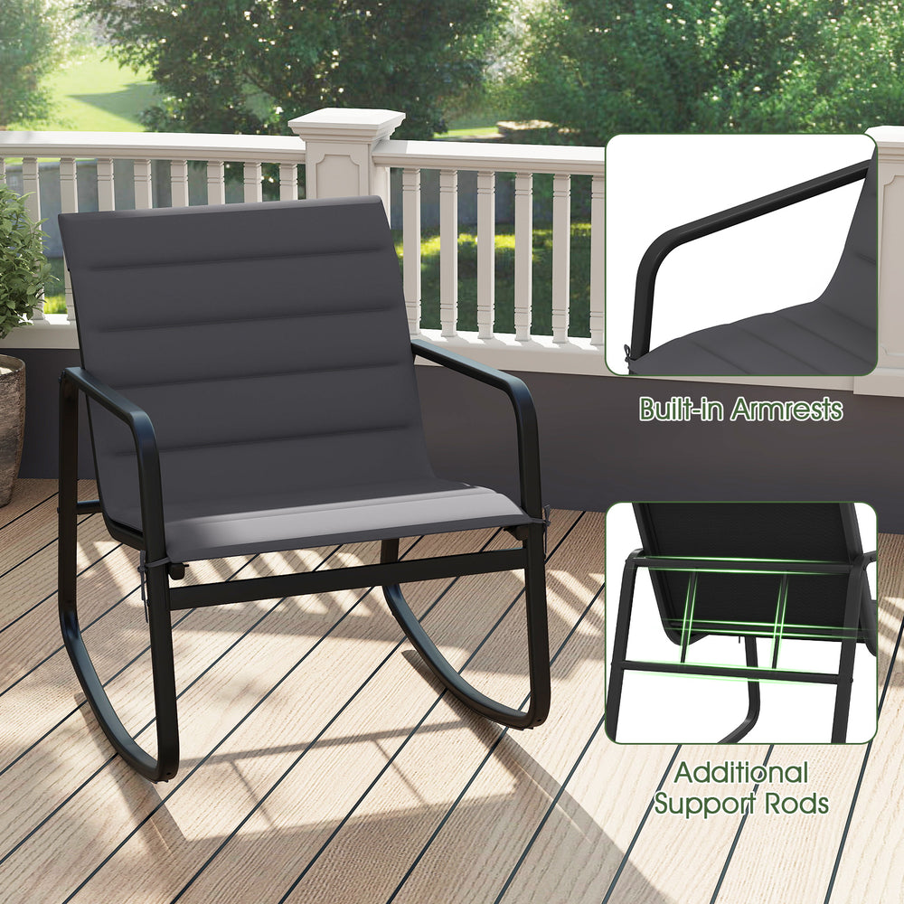 Gray rocking chair from the 3 Piece Outdoor Bistro Set with comfortable armrests, ideal for patio relaxation.