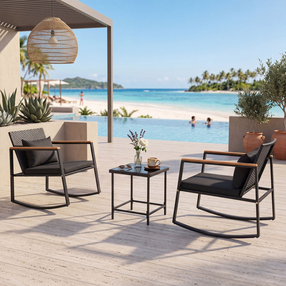 3-Piece Outdoor Rocking Bistro Set with Soft Cushions and Tempered Glass Table-Black - Gallery View 1 of 11