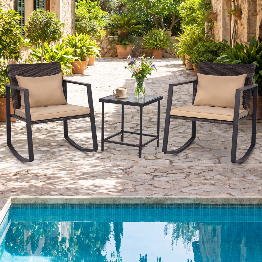 3-Piece Outdoor Rocking Bistro Set with Soft Cushions and Tempered Glass Table-Brown - Gallery View 1 of 11
